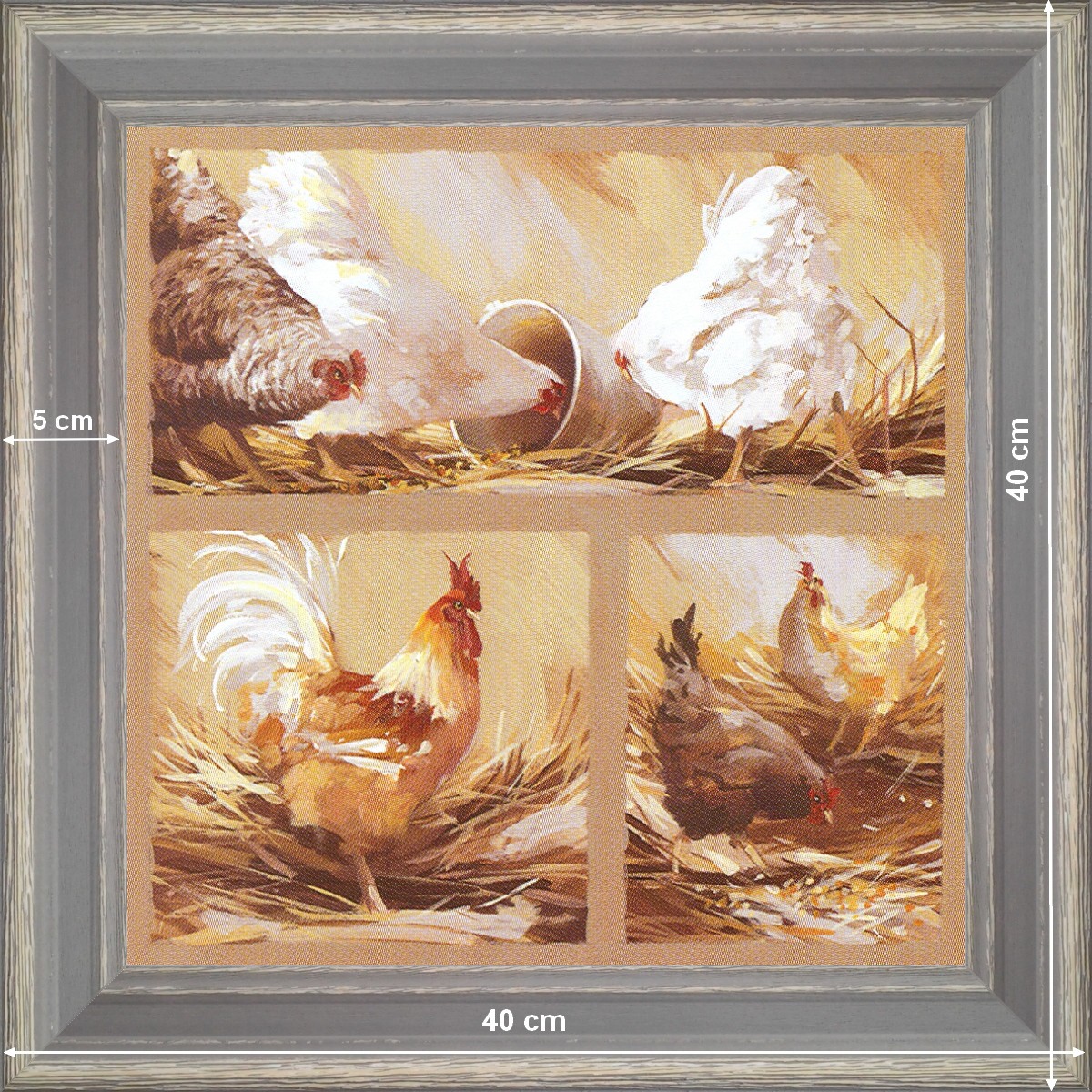 Poules blanches et coq - dimensions 40 x 40 cm - Gris