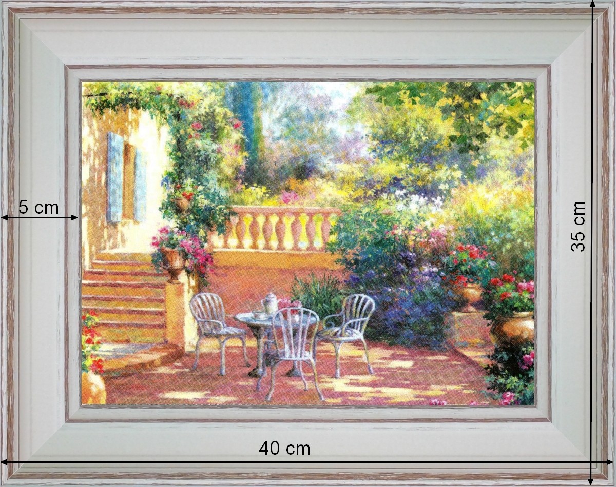 Pause café dans le jardin - paysage 40 x 35 cm - Blanchie incurvée 