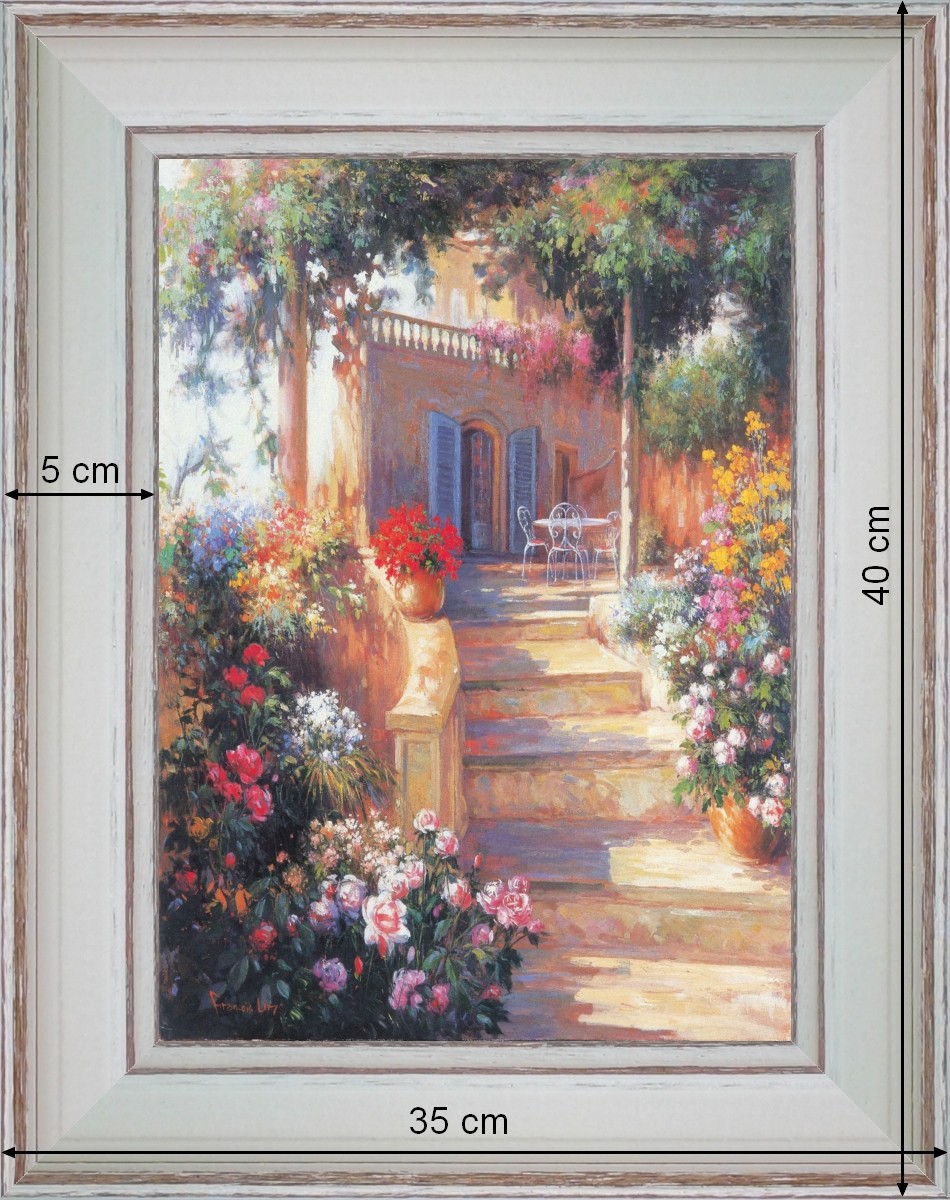 Escalier et terrasse à balustre - paysage 40 x 35 cm - Blanchie incurvée
