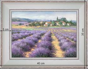 Un hameau au milieu des lavandes - paysage 40 x 35 cm - Baguette blanchie incurvé
