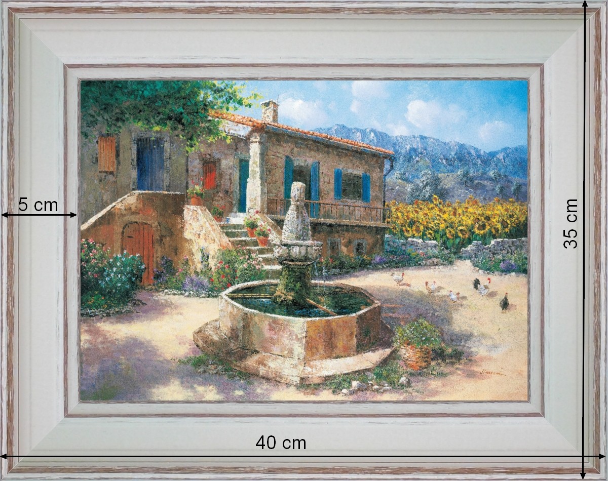 Une fontaine dans la cour de ferme - paysage 40 x 35 cm - Baguette blanchie incurvé