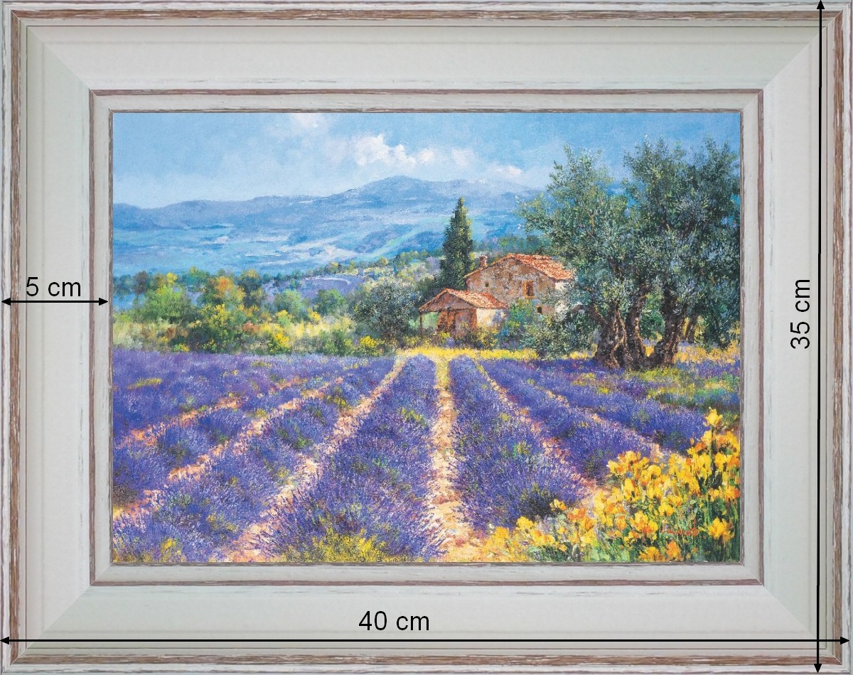 Champs de lavande, Genêts et oliviers - paysage 40 x 35 cm - Baguette blanchie incurvé