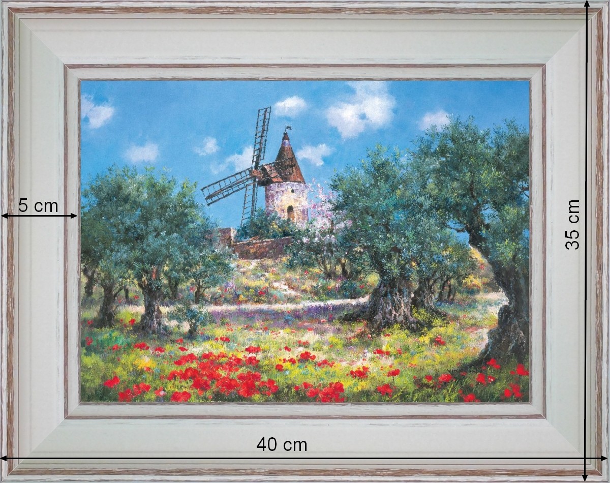 Moulin à vent de Provence - paysage 40 x 35 cm - Baguette blanchie incurvé
