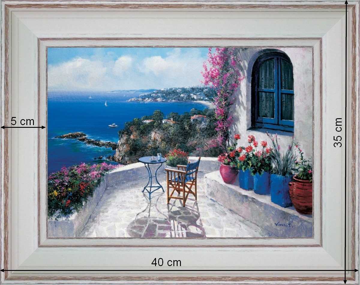 Terrasse avec vue sur la mer - paysage 40 x 35 cm - Baguette blanchie incurvé