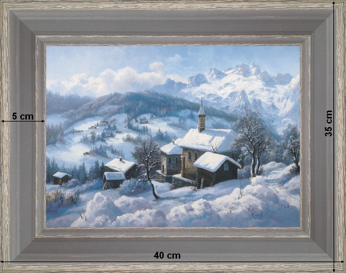 Village sous la neige - paysage 40 x 35 cm - Grisée incurvée
