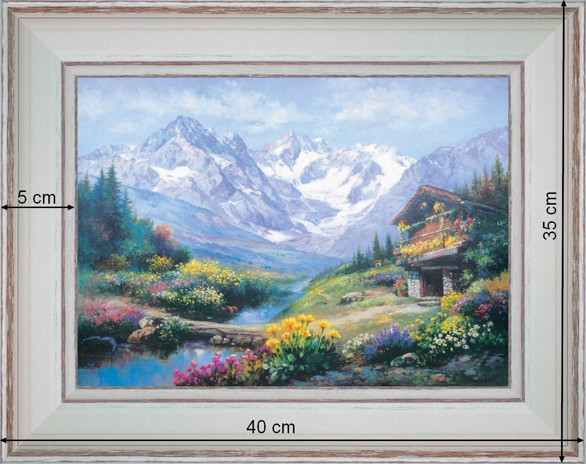 Chalet au bord de la rivière - paysage 40 x 35 cm - Baguette blanchie incurvé