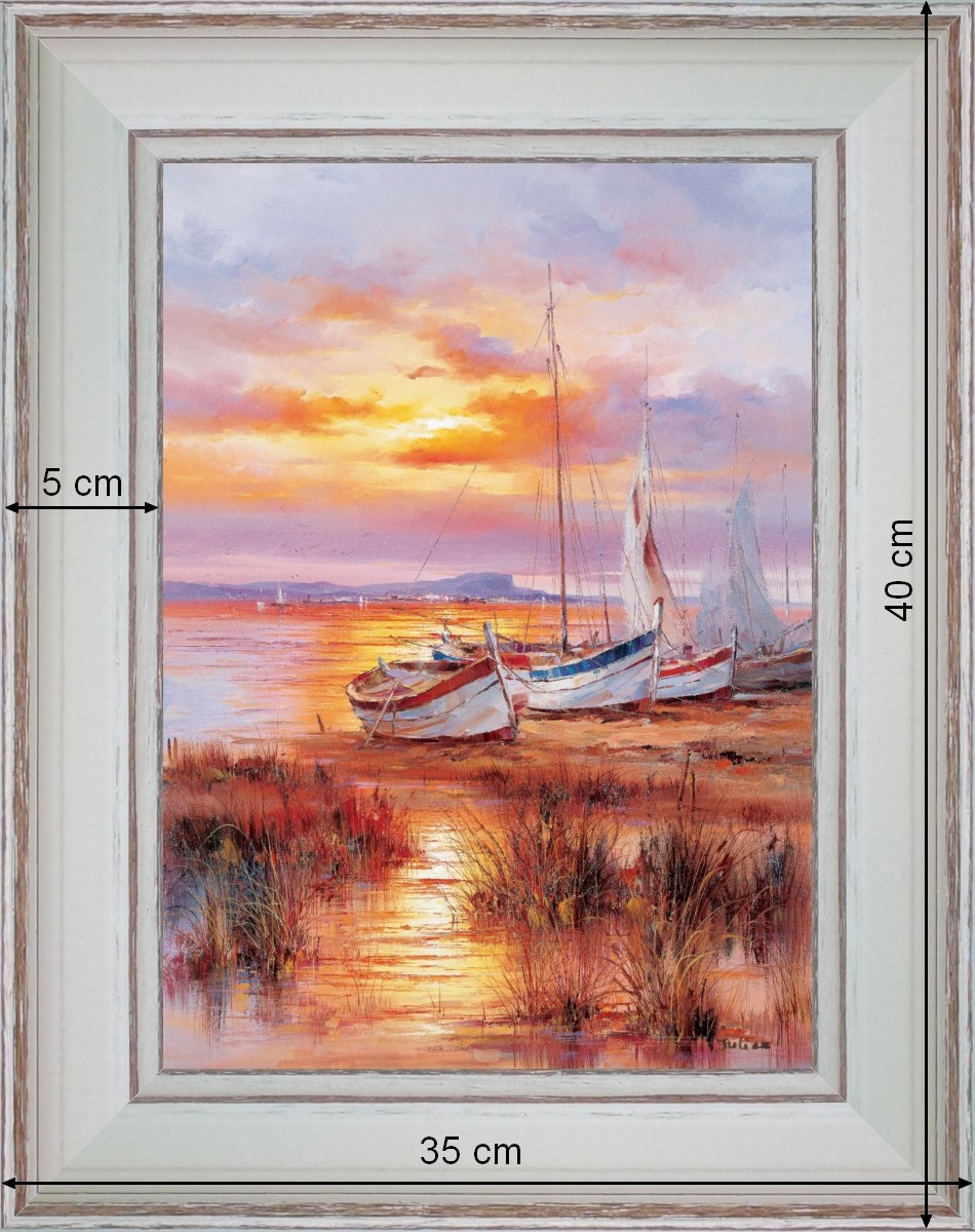 Coucher de soleil sur la mer - paysage 40 x 35 cm - Baguette blanchie incurvé