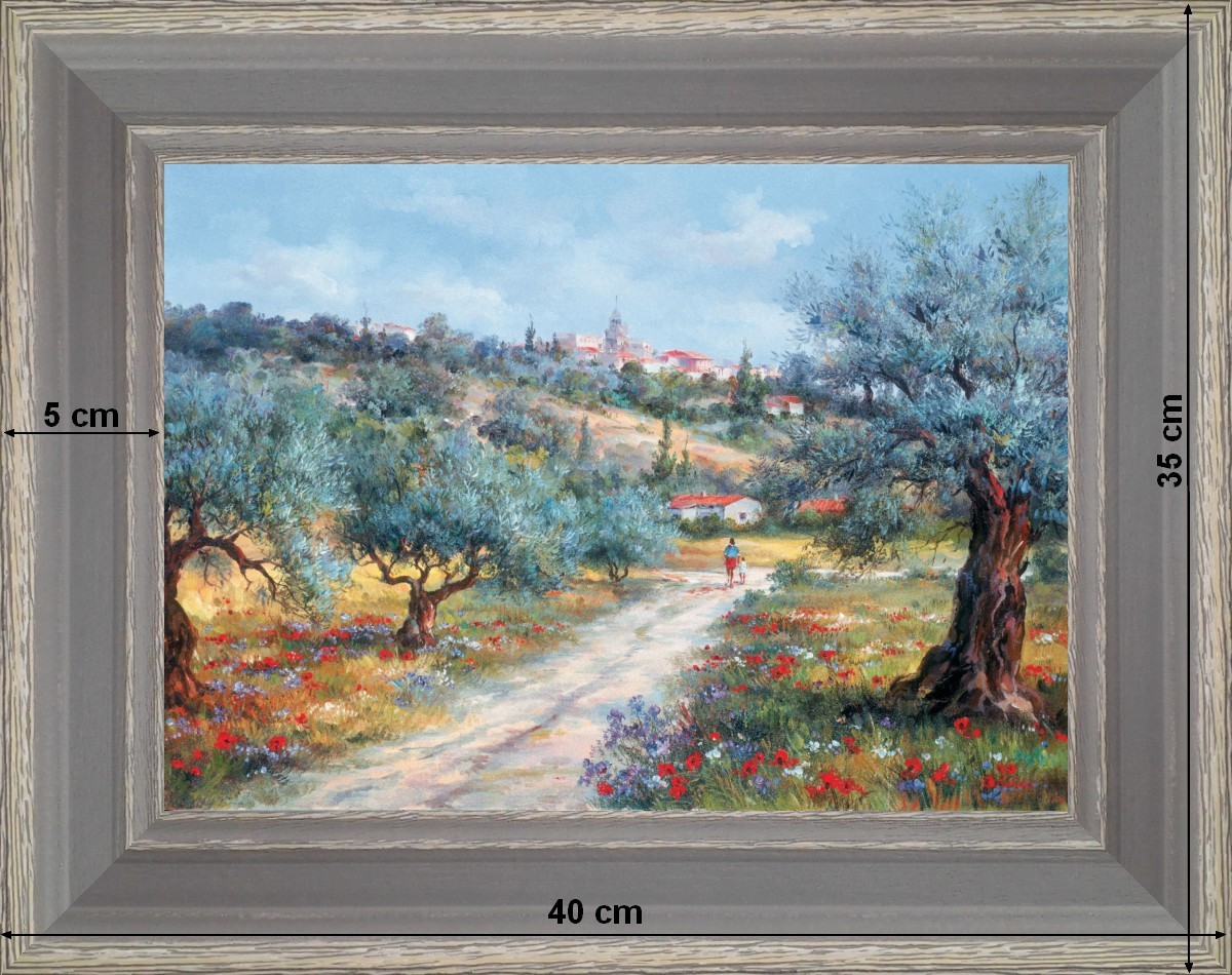Marcher dans les oliviers - paysage 40 x 35 cm - Grisée incurvée