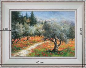 Oliviers sur tapis de coquelicots - paysage 40 x 35 cm - Baguette blanchie incurvé