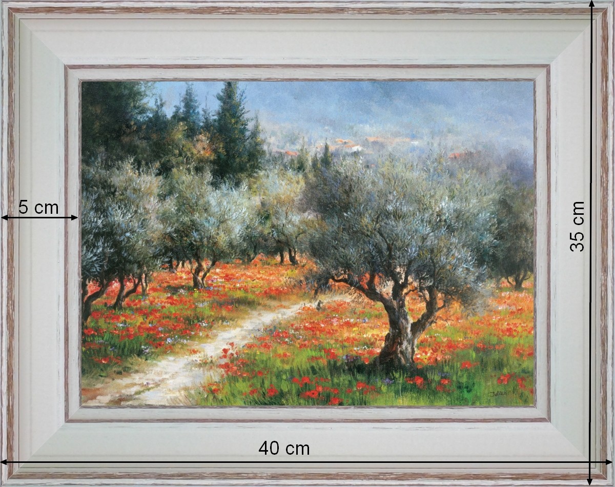 Oliviers sur tapis de coquelicots - paysage 40 x 35 cm - Baguette blanchie incurvé