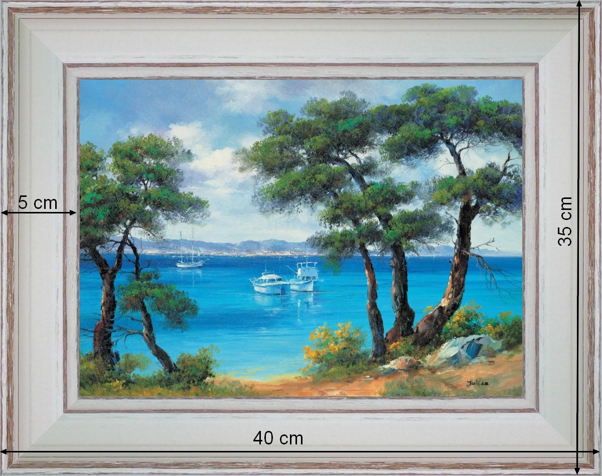 Mouillage dans le golfe de Saint-Tropez - paysage 40 x 35 cm - Baguette blanchie incurvé