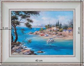 Petite crique à l'ombre d'un pin - paysage 40 x 35 cm - Baguette blanchie incurvé