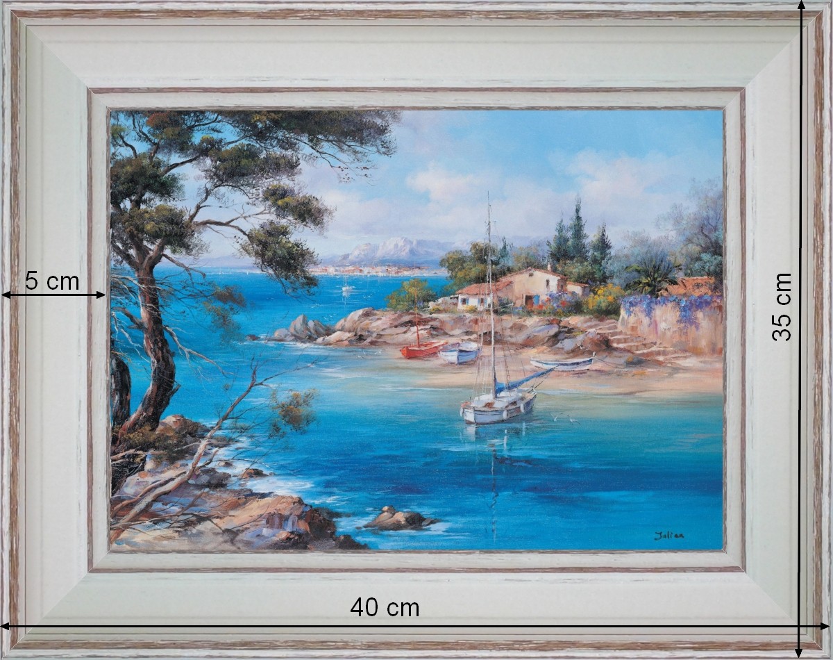 Petite crique à l'ombre d'un pin - paysage 40 x 35 cm - Baguette blanchie incurvé