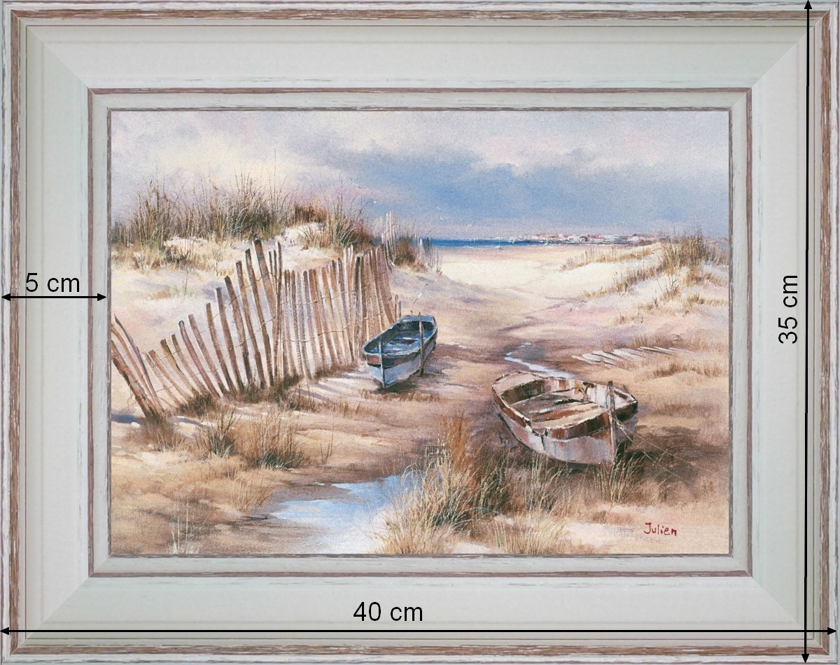 Barques dans les dunes - paysage 40 x 35 cm - Baguette blanchie incurvé