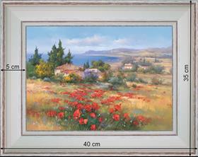 Poppies and small cottages by the sea - landscape 40 x 35 cm - Cleared curved