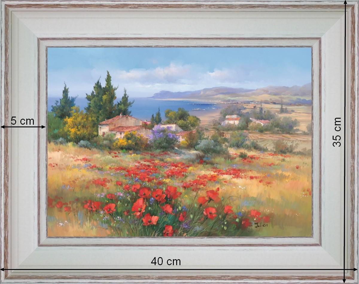 Poppies and small cottages by the sea - landscape 40 x 35 cm - Cleared curved