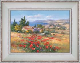 Poppies and small cottages by the sea