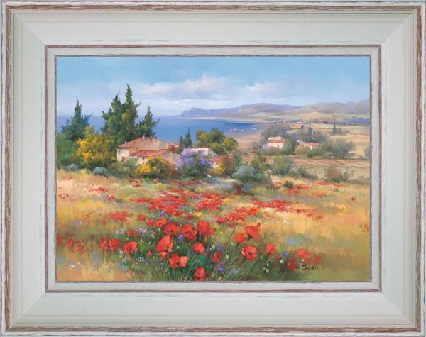Poppies and small cottages by the sea