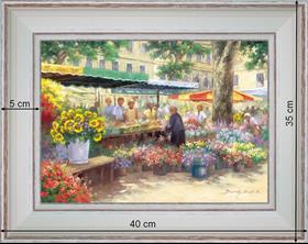 Marché aux fleurs - paysage 40 x 35 cm - Baguette blanchie incurvé
