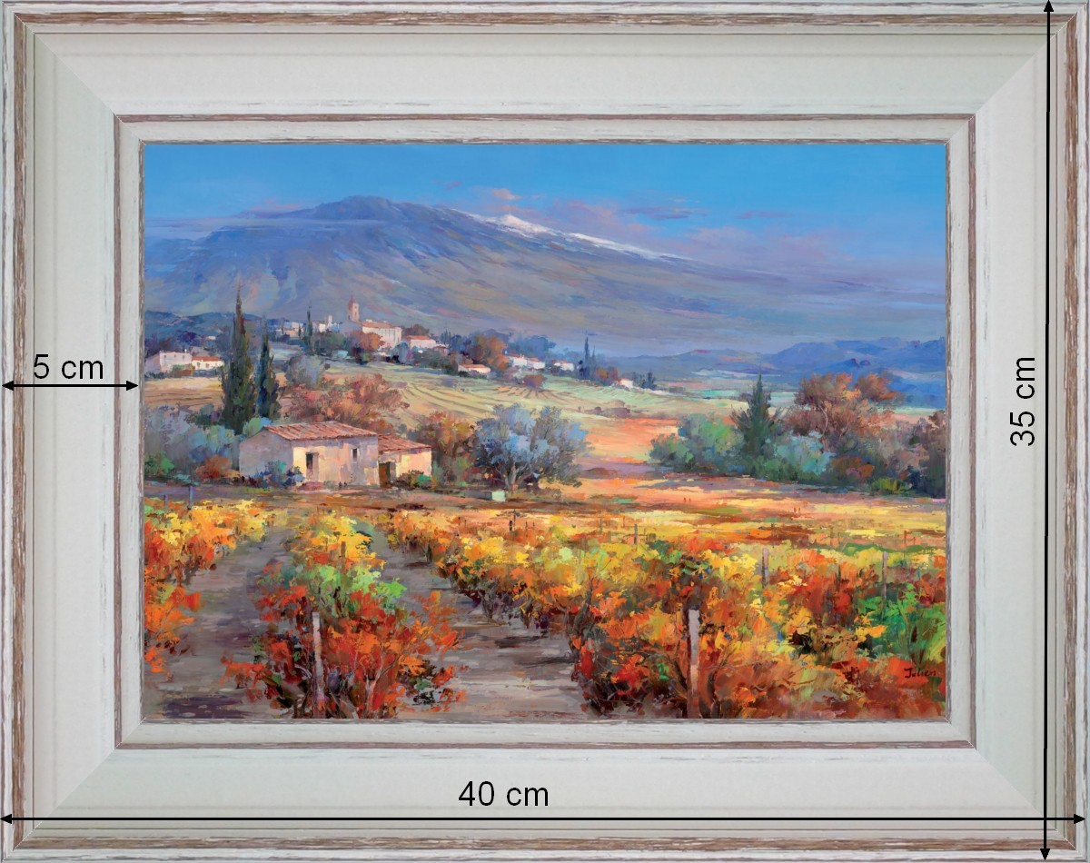 Vignes en automne sous le Ventoux - paysage 40 x 35 cm - Baguette blanchie incurvé