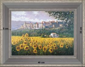 Fields of sunflowers under Carcassonne - landscape 40 x 35 cm