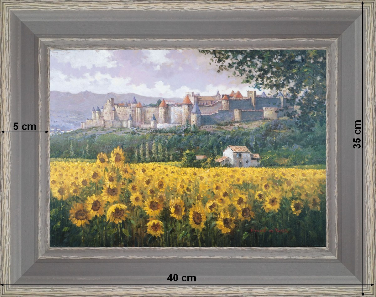 Champs de tournesols sous Carcassonne - paysage 40 x 35 cm - Grisée incurvée
