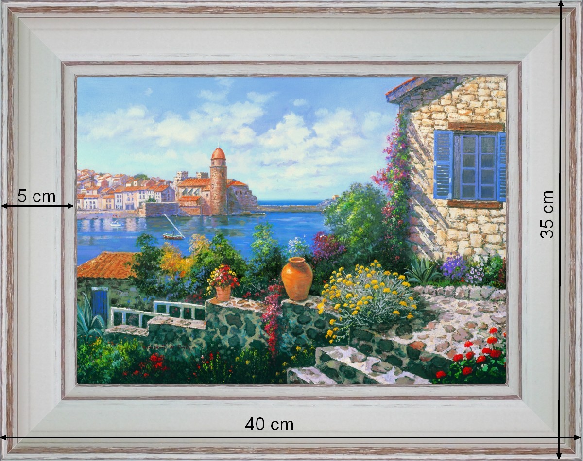 Vue sur le phare de Collioure - paysage 40 x 35 cm - Baguette blanchie incurvé