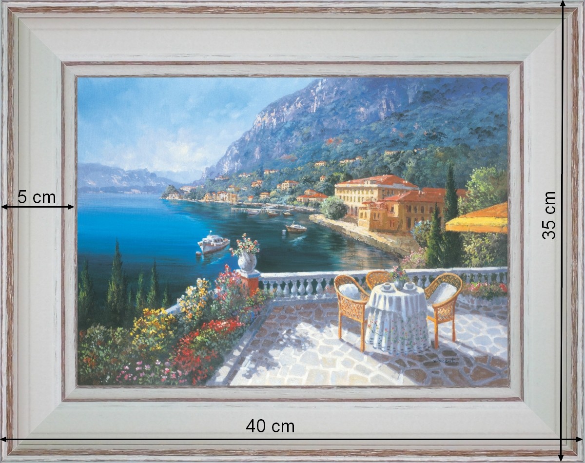A l'heure du thé au bord du lac - paysage 40 x 35 cm - Baguette blanchie incurvé