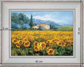 Tournesol devant le mas - paysage 40 x 35 cm - Baguette blanchie incurvé