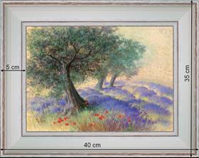 Lavandes sous les oliviers - paysage 40 x 35 cm - Baguette blanchie incurvé