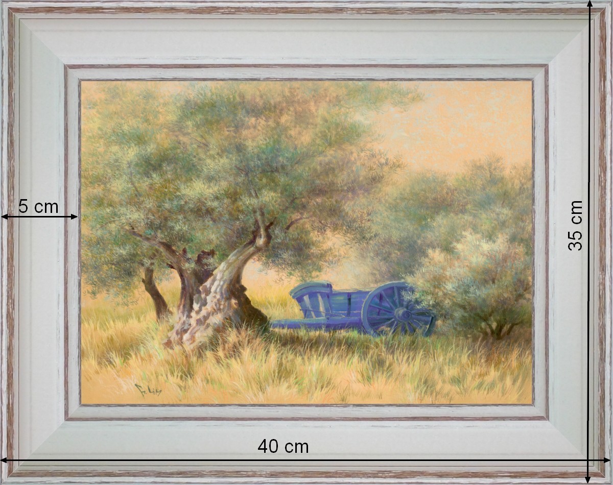 The blue cart under olive trees - landscape 40 x 35 cm - Cleared curved