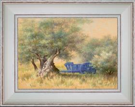 The blue cart under olive trees