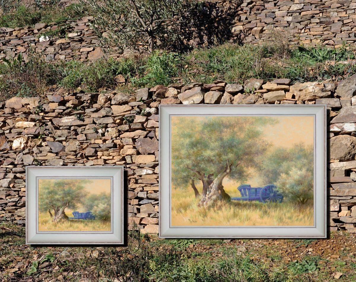 The blue cart under olive trees - 2 sizes detail - Cleared curved