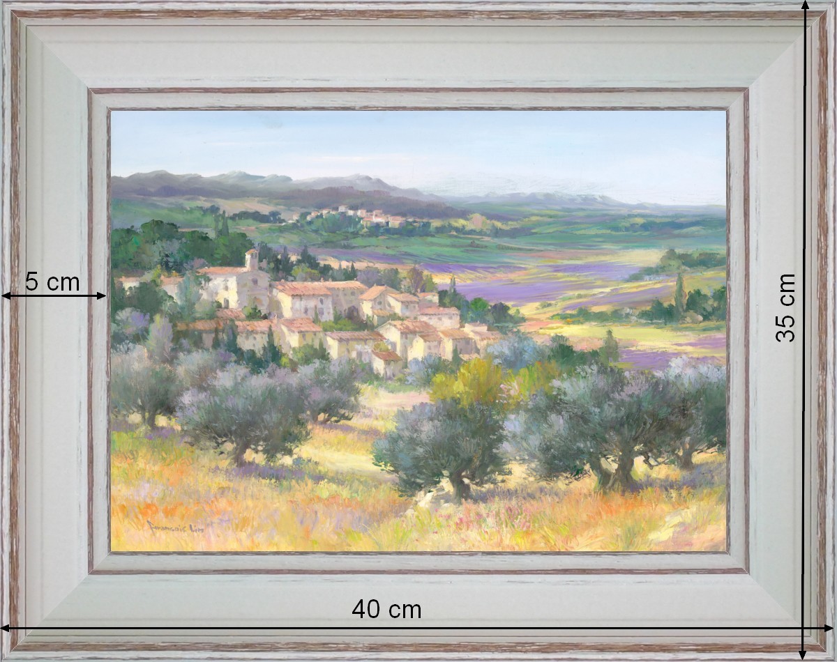 Un village dans la garrigue - paysage 40 x 35 cm - Baguette blanchie incurvé