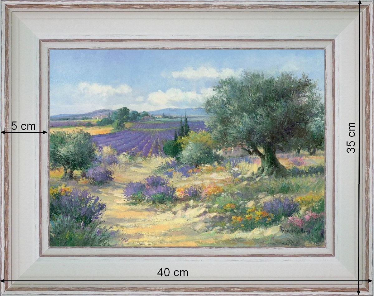 Lavandes et oliviers - paysage 40 x 35 cm - Baguette blanchie incurvé