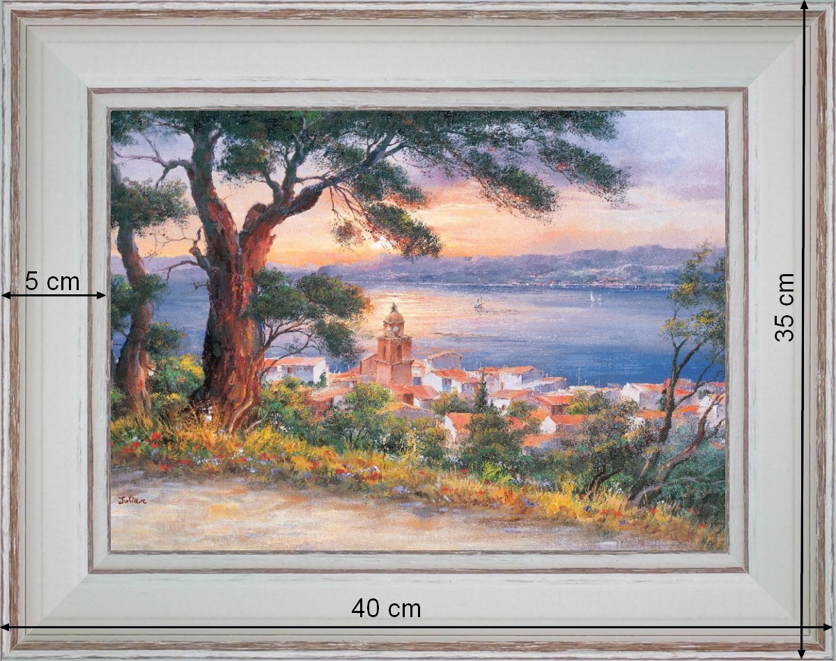 Coucher de soleil sur Saint-Tropez - paysage 40 x 35 cm - Baguette blanchie incurvé