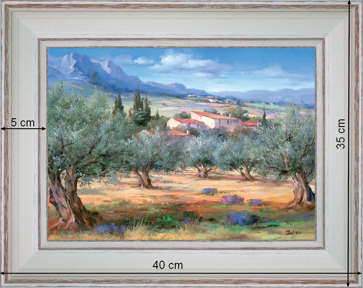 Le mas dans les oliviers - paysage 40 x 35 cm - Baguette blanchie incurvé