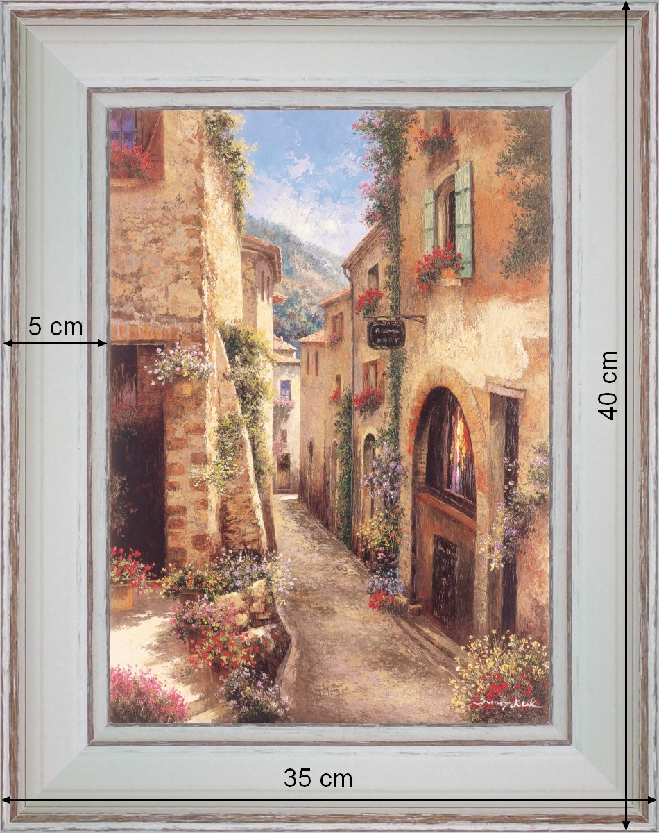 Fraîcheur des rues provençales - paysage 40 x 35 cm - Baguette blanchie incurvé
