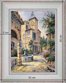 Fontaine du village - paysage 40 x 35 cm - Baguette blanchie incurvé