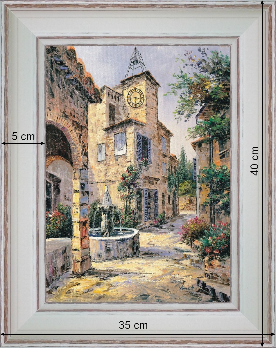 Fontaine du village - paysage 40 x 35 cm - Baguette blanchie incurvé