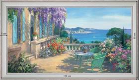Terrasse fleurie sur les hauteurs - Paysage 60x110 cm - Blanchie incurvée