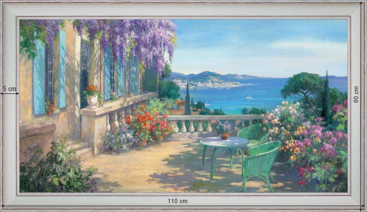 Terrace decorated with flowers on heights - Landscape 60x110 cm - White curved