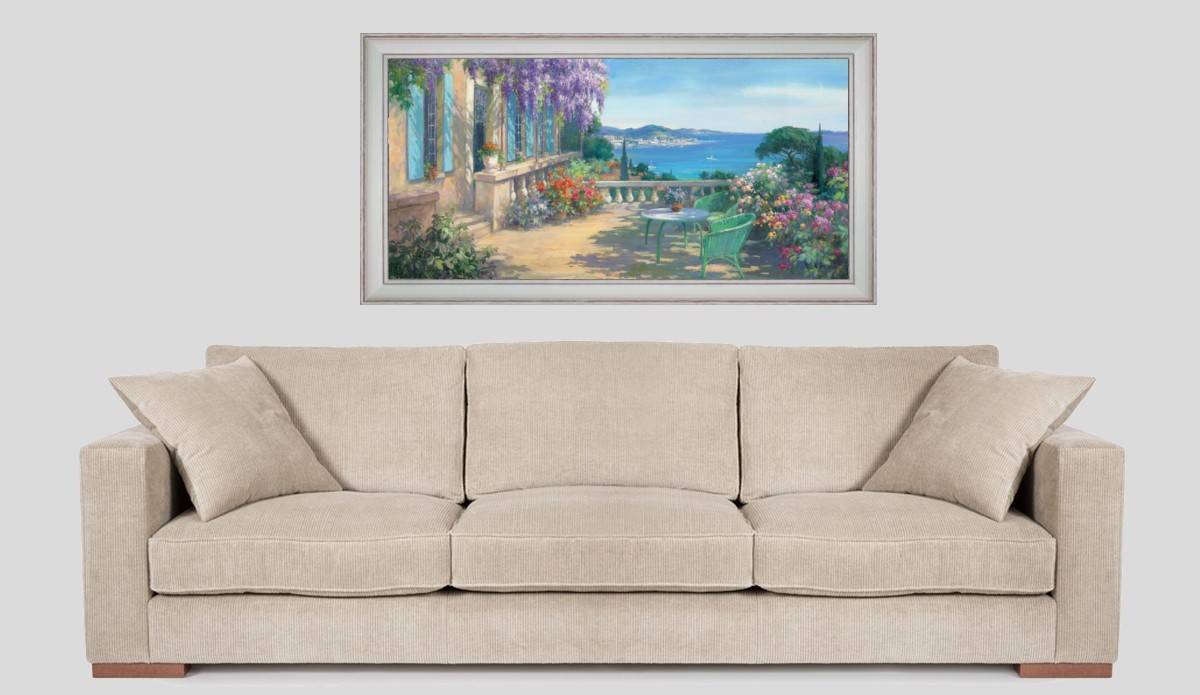 Terrace decorated with flowers on heights - Panoramic in situation - White frame