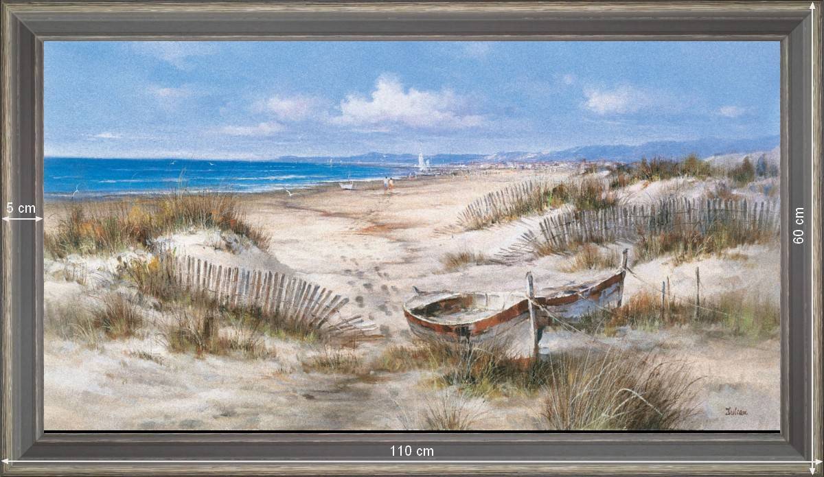 Barques et ganivelles dans le sable - Paysage 60x110 cm - Grisée incurvée