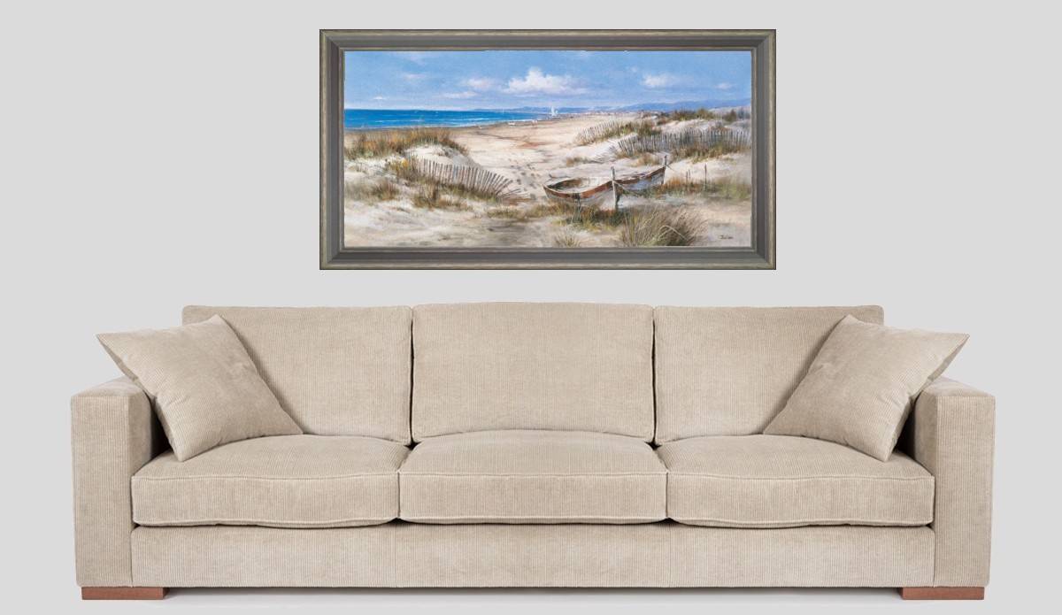 Boats and ganivelles in the sand - Panoramic in situation - Grey frame