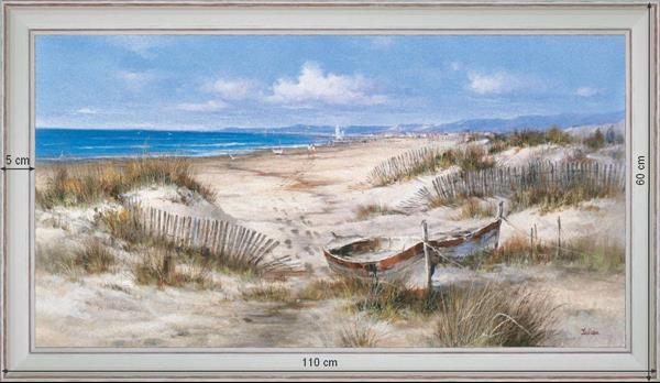 Barques et ganivelles dans le sable - Paysage 60x110 cm - Blanchie incurvée