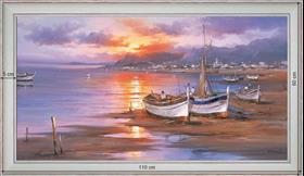Fishing boats in the twilight - Landscape 60x110 cm - White curved