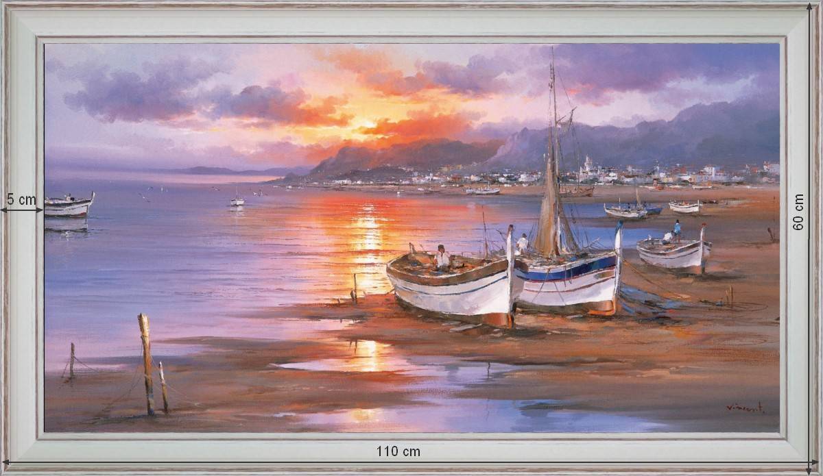 Barques de pêche au crépuscule - Paysage 60x110 cm - Blanchie incurvée
