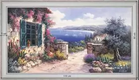 Small provençal house on blue sea - Landscape 60x110 cm - White curved