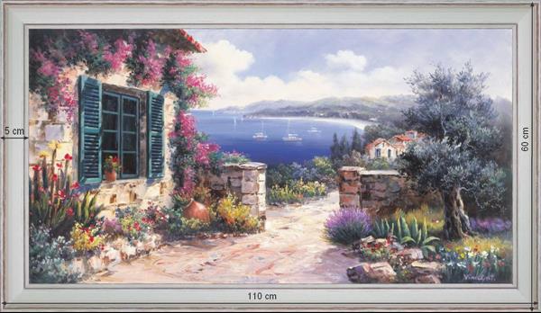 Small provençal house on blue sea - Landscape 60x110 cm - White curved